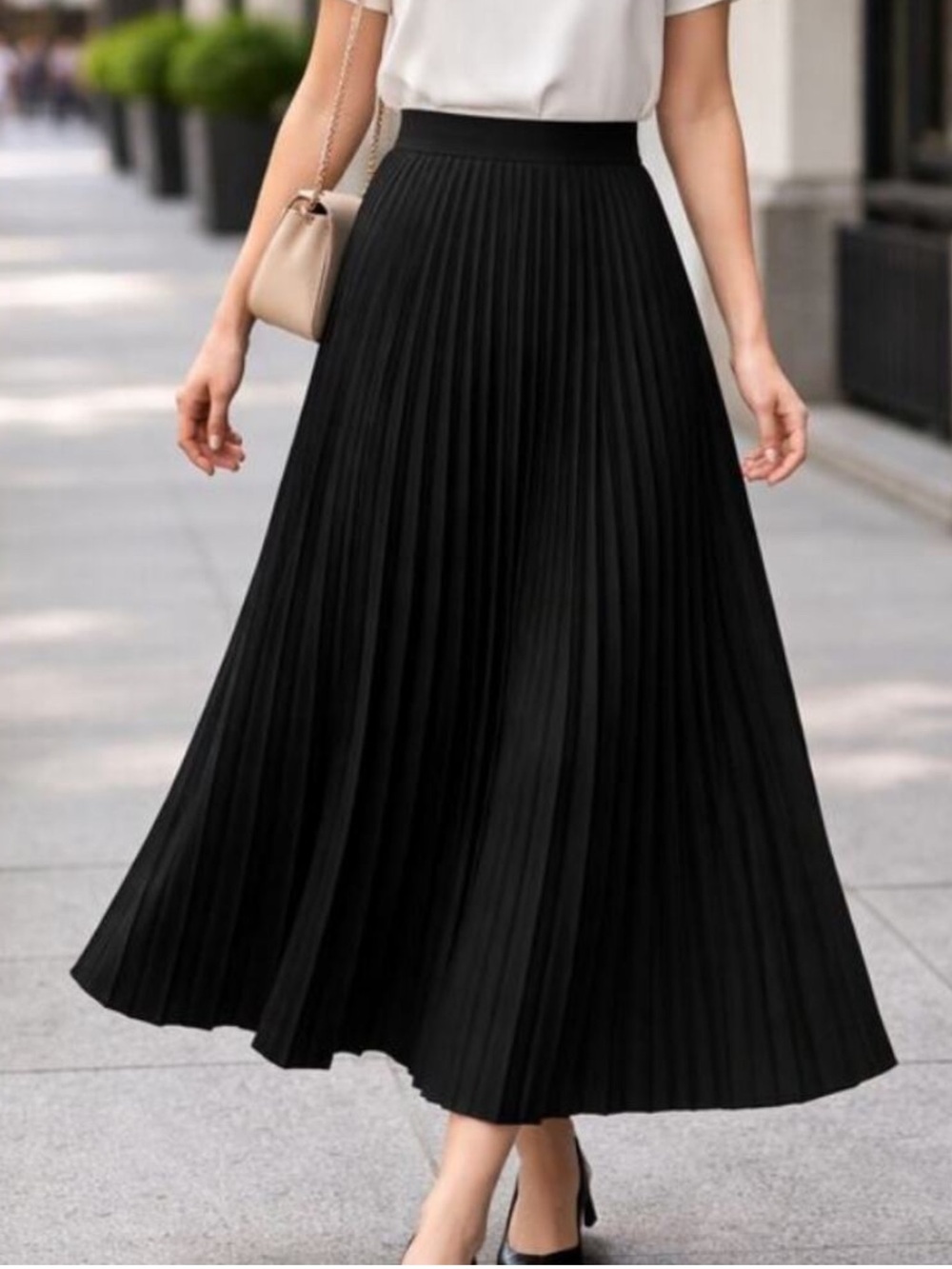 NWT Eileen Fisher Black Pleated Wool Silk Blend Maxi Skirt